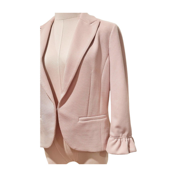 Amanda + Chelsea Light Pink Ruffle 3/4 Sleeve Textured Stretch Blazer Size 6 - Picture 2 of 11